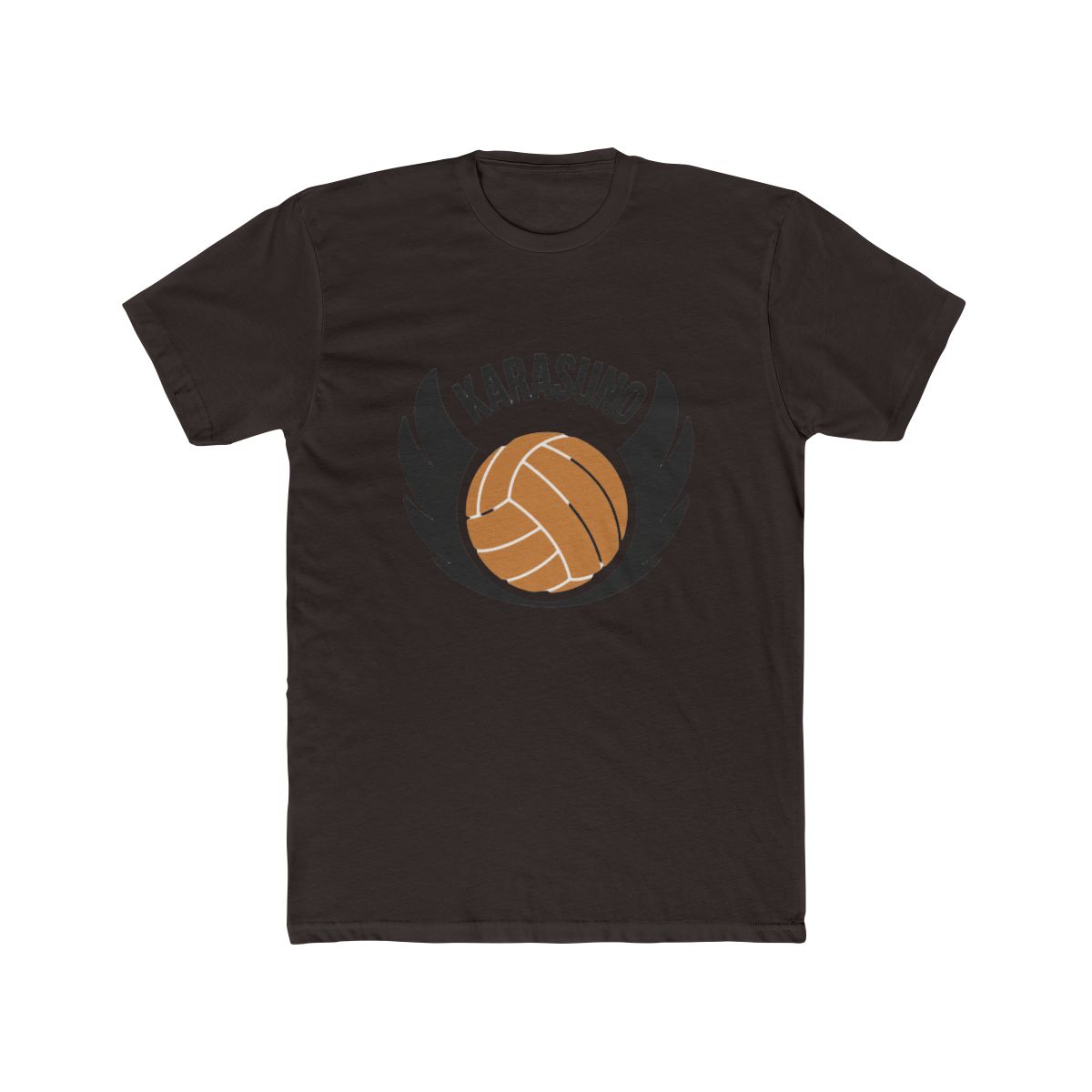 White crew neck T Shirt with a small graphic on the left chest. The graphic shows a volleyball with wings and the word "KARASUNO" above it. The graphic is in black, brown, and tan